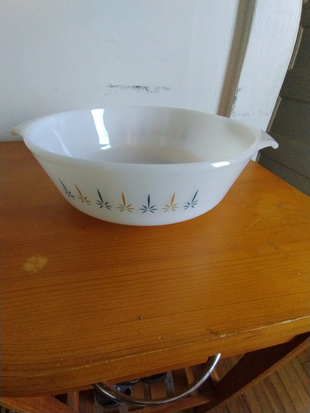 Fire King Anchor Vintage White Serving Bowl with Blue and Gold Starburst Pattern